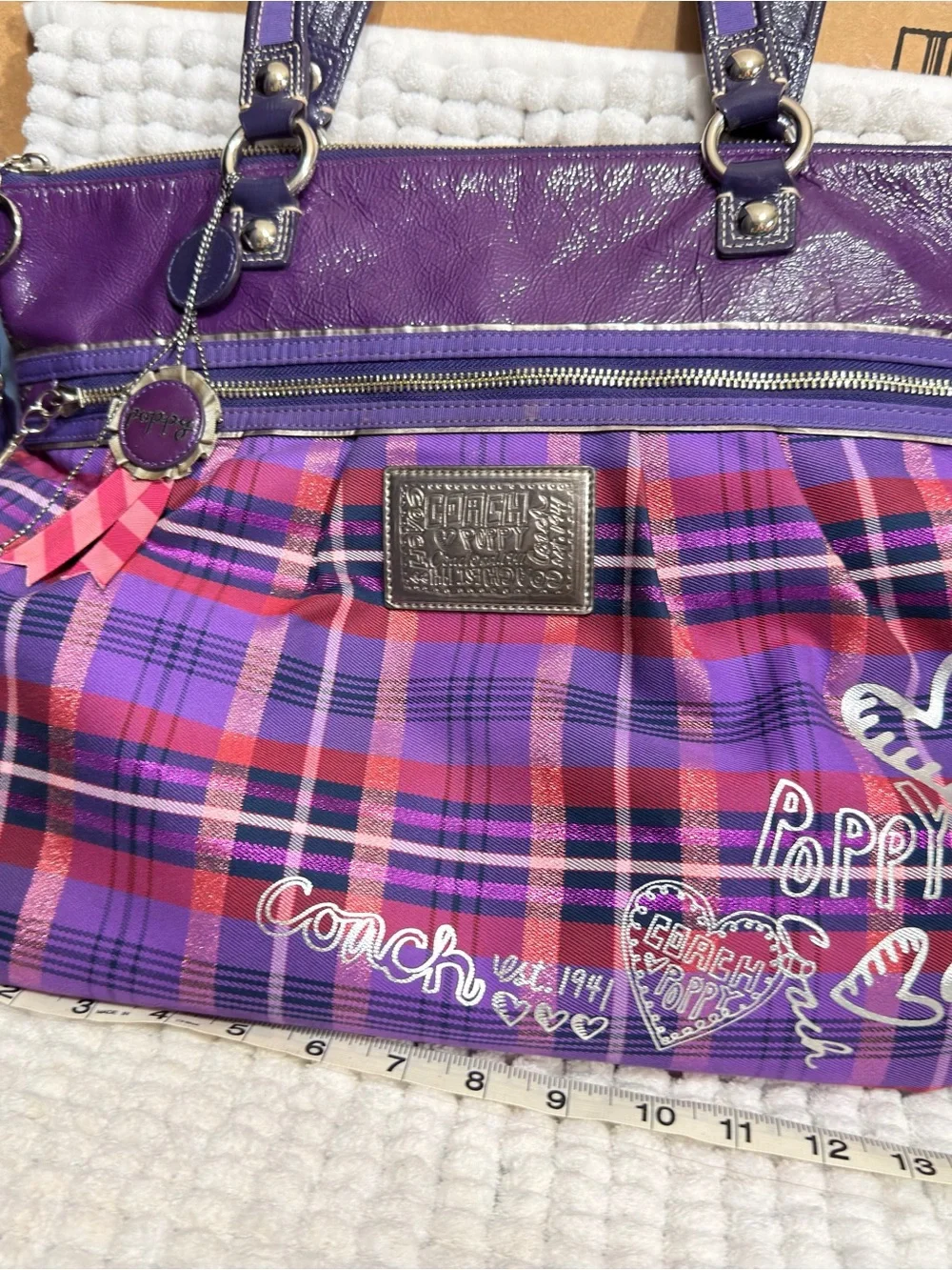 Coach Poppy Purple plaid Glam tote